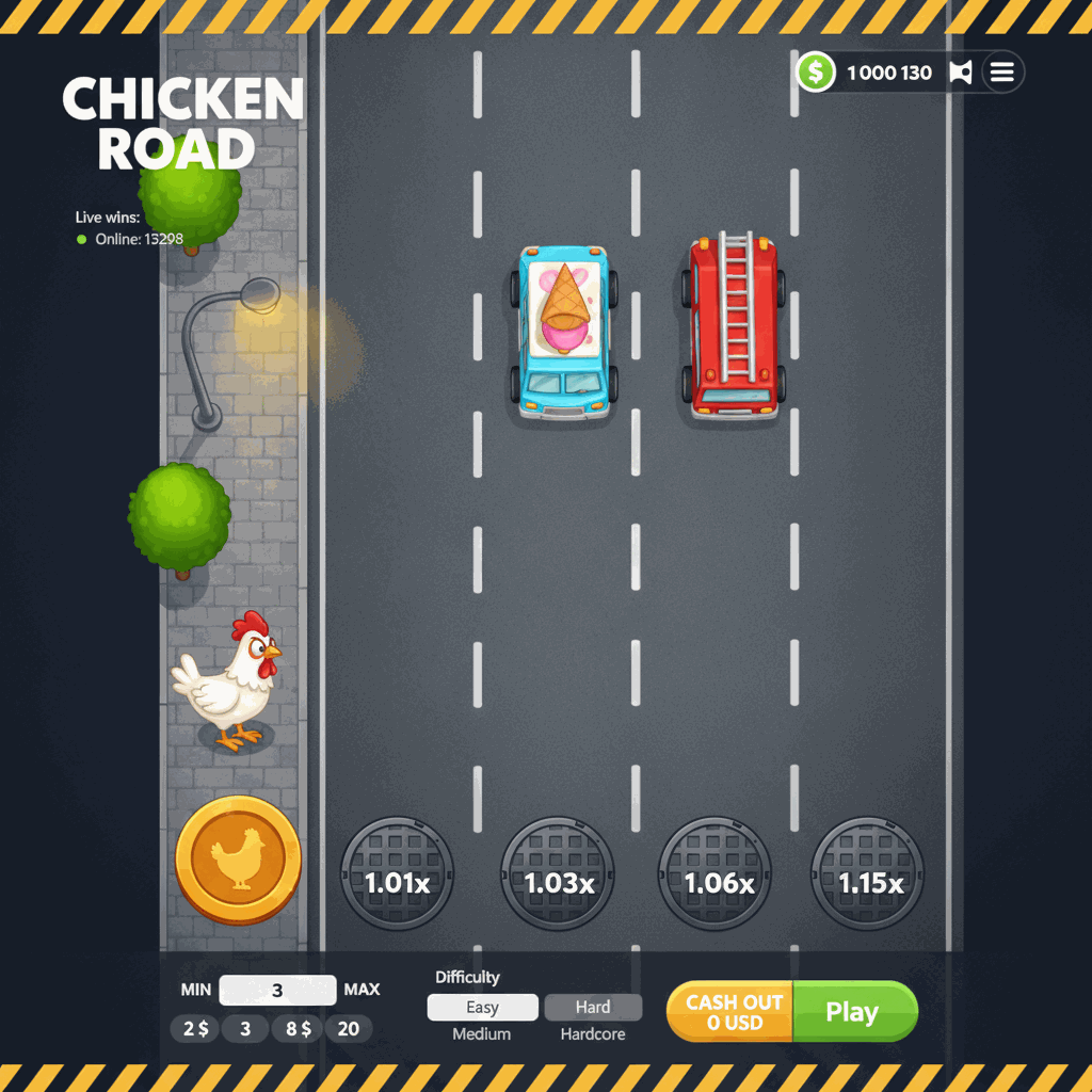 Chicken Road crash game di InOut: gallina cartoon bianca con cresta rossa si prepara ad attraversare una strada a più corsie vista dall'alto, con macchine in movimento e moltiplicatori crescenti su ogni corsia, ambientazione urbana con lampioni e alberi verdi